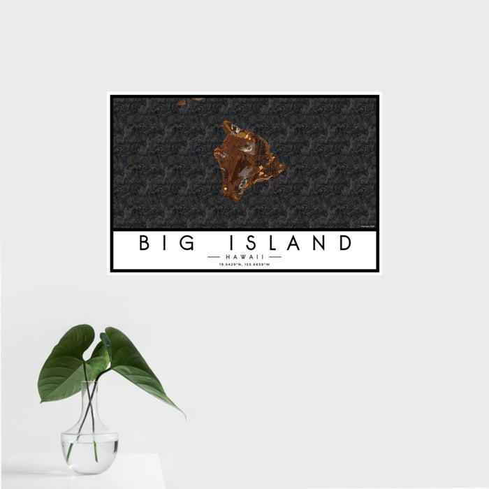 16x24 Big Island Hawaii Map Print Landscape Orientation in Ember Style With Tropical Plant Leaves in Water