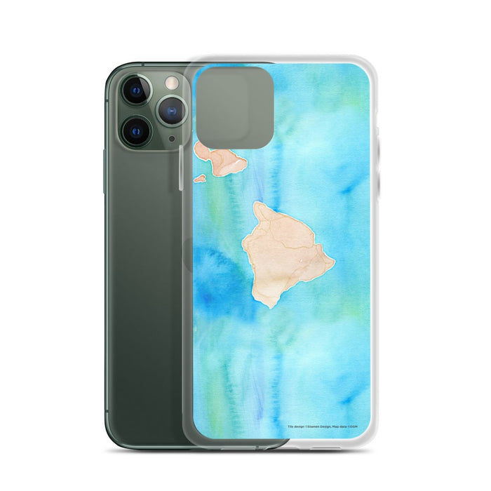 Custom Big Island Hawaii Map Phone Case in Watercolor on Table with Laptop and Plant