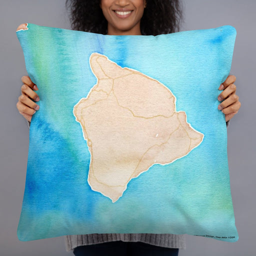Person holding 22x22 Custom Big Island Hawaii Map Throw Pillow in Watercolor
