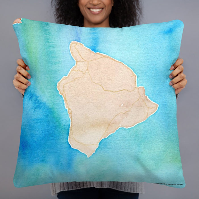 Person holding 22x22 Custom Big Island Hawaii Map Throw Pillow in Watercolor