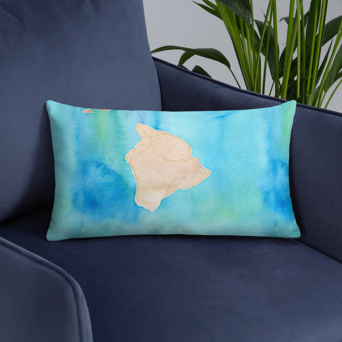 Custom Big Island Hawaii Map Throw Pillow in Watercolor on Blue Colored Chair