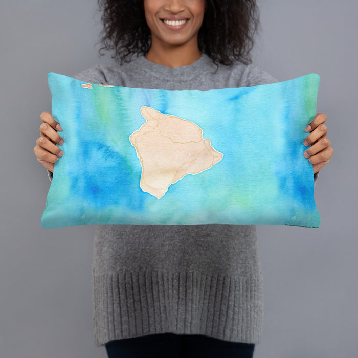 Person holding 20x12 Custom Big Island Hawaii Map Throw Pillow in Watercolor