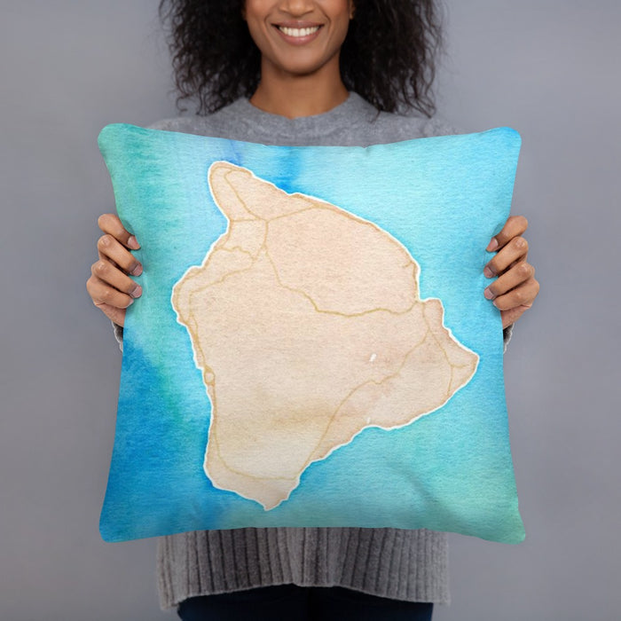 Person holding 18x18 Custom Big Island Hawaii Map Throw Pillow in Watercolor