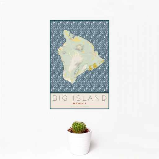 12x18 Big Island Hawaii Map Print Portrait Orientation in Woodblock Style With Small Cactus Plant in White Planter