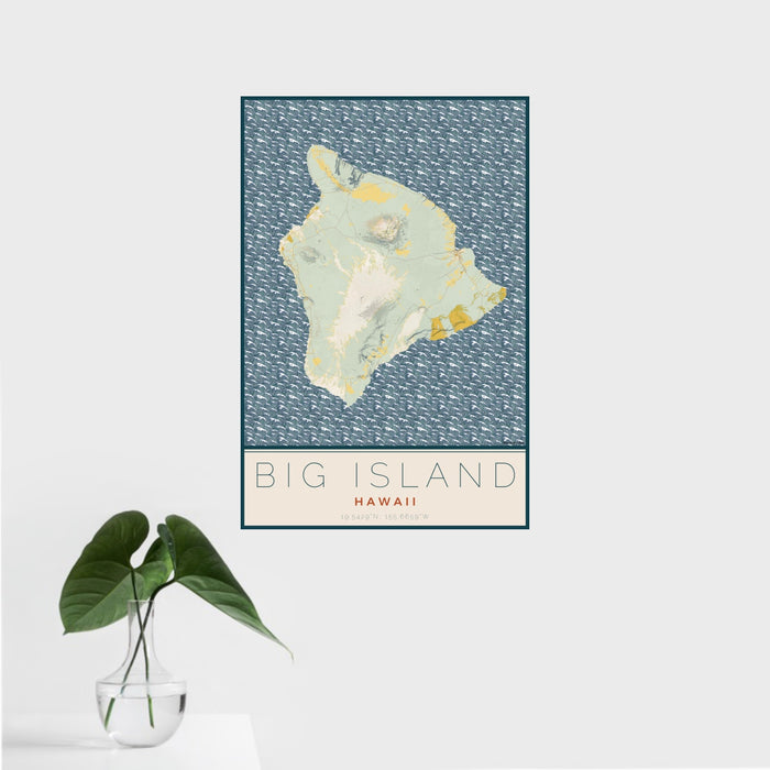 16x24 Big Island Hawaii Map Print Portrait Orientation in Woodblock Style With Tropical Plant Leaves in Water