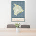24x36 Big Island Hawaii Map Print Portrait Orientation in Woodblock Style Behind 2 Chairs Table and Potted Plant