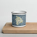 Front View Custom Big Island Hawaii Map Enamel Mug in Woodblock on Cutting Board