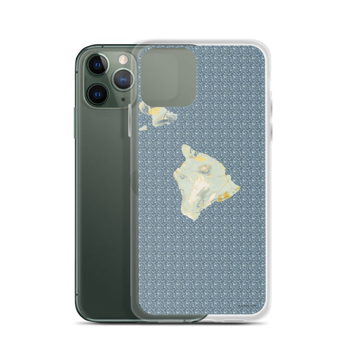 Custom Big Island Hawaii Map Phone Case in Woodblock on Table with Laptop and Plant
