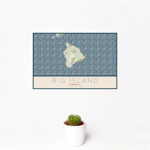 12x18 Big Island Hawaii Map Print Landscape Orientation in Woodblock Style With Small Cactus Plant in White Planter