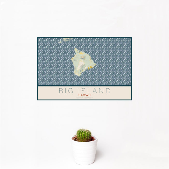 12x18 Big Island Hawaii Map Print Landscape Orientation in Woodblock Style With Small Cactus Plant in White Planter