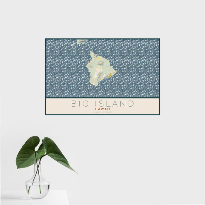 16x24 Big Island Hawaii Map Print Landscape Orientation in Woodblock Style With Tropical Plant Leaves in Water