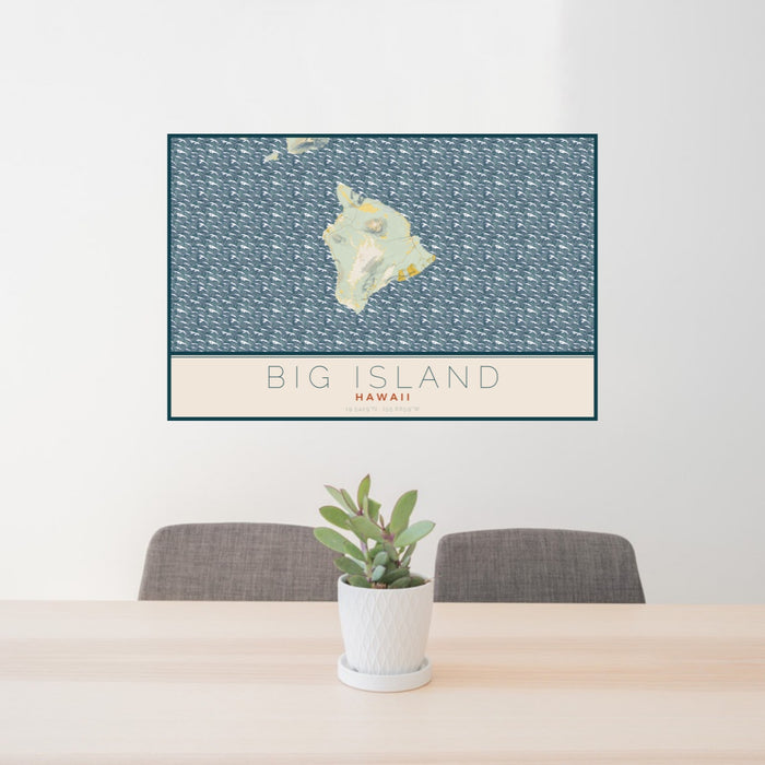 24x36 Big Island Hawaii Map Print Landscape Orientation in Woodblock Style Behind 2 Chairs Table and Potted Plant