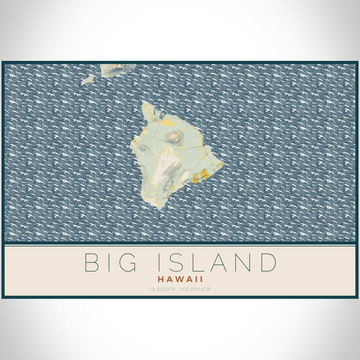 Big Island Hawaii Map Print Landscape Orientation in Woodblock Style With Shaded Background