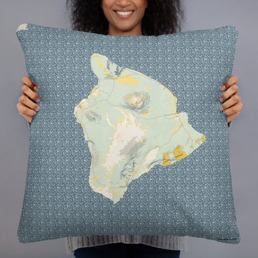 Person holding 22x22 Custom Big Island Hawaii Map Throw Pillow in Woodblock