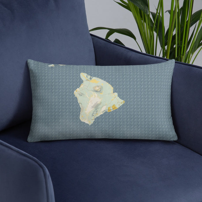 Custom Big Island Hawaii Map Throw Pillow in Woodblock on Blue Colored Chair