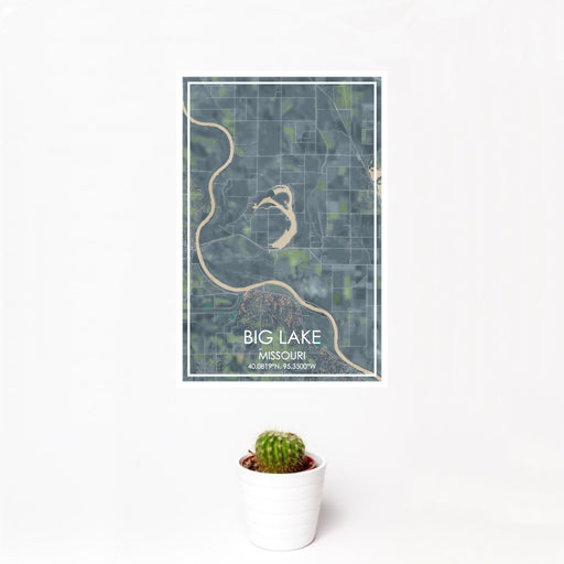 12x18 Big Lake Missouri Map Print Portrait Orientation in Afternoon Style With Small Cactus Plant in White Planter