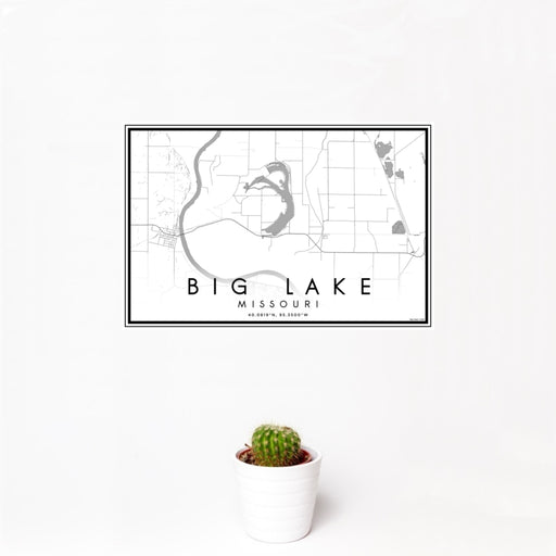 12x18 Big Lake Missouri Map Print Landscape Orientation in Classic Style With Small Cactus Plant in White Planter