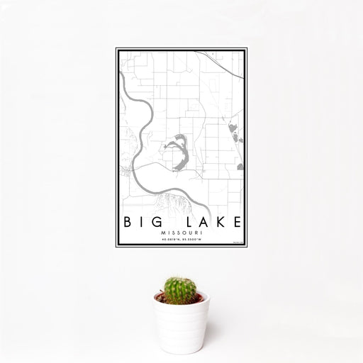 12x18 Big Lake Missouri Map Print Portrait Orientation in Classic Style With Small Cactus Plant in White Planter