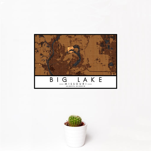 12x18 Big Lake Missouri Map Print Landscape Orientation in Ember Style With Small Cactus Plant in White Planter