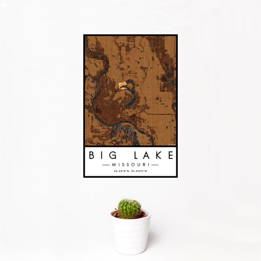 12x18 Big Lake Missouri Map Print Portrait Orientation in Ember Style With Small Cactus Plant in White Planter