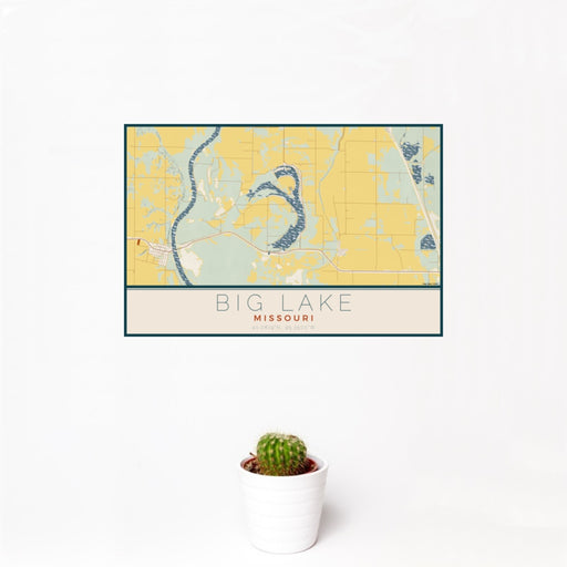 12x18 Big Lake Missouri Map Print Landscape Orientation in Woodblock Style With Small Cactus Plant in White Planter