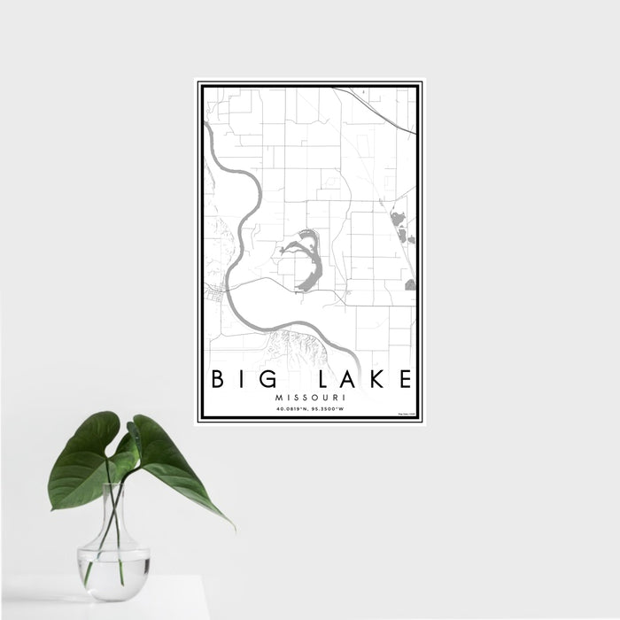 16x24 Big Lake Missouri Map Print Portrait Orientation in Classic Style With Tropical Plant Leaves in Water