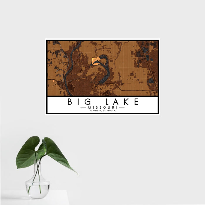 16x24 Big Lake Missouri Map Print Landscape Orientation in Ember Style With Tropical Plant Leaves in Water