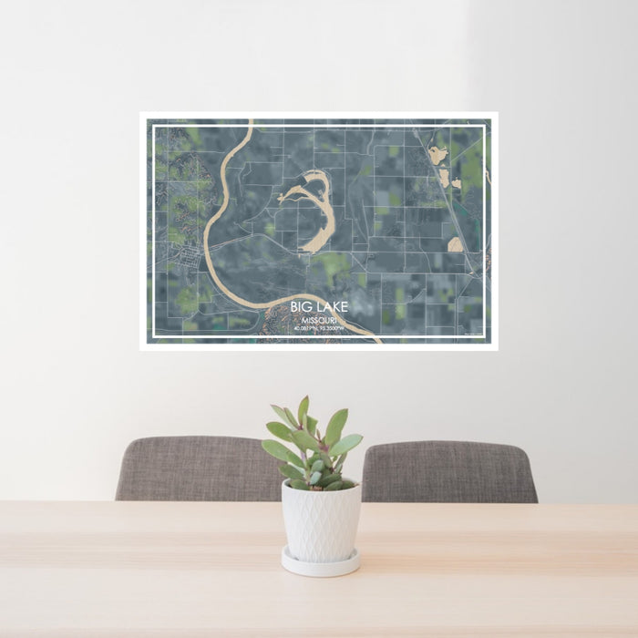 24x36 Big Lake Missouri Map Print Lanscape Orientation in Afternoon Style Behind 2 Chairs Table and Potted Plant