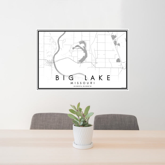 24x36 Big Lake Missouri Map Print Lanscape Orientation in Classic Style Behind 2 Chairs Table and Potted Plant
