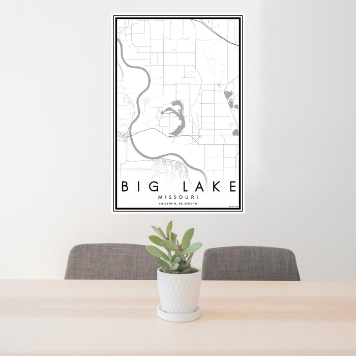 24x36 Big Lake Missouri Map Print Portrait Orientation in Classic Style Behind 2 Chairs Table and Potted Plant