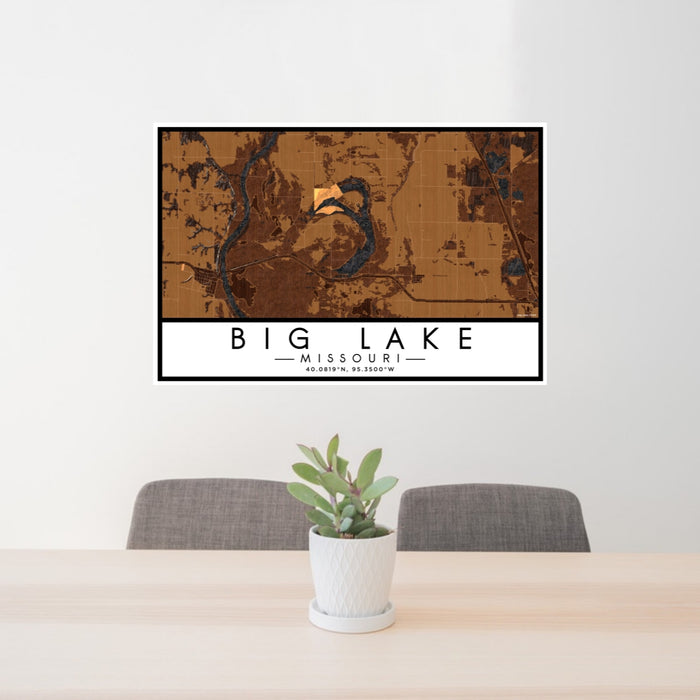 24x36 Big Lake Missouri Map Print Lanscape Orientation in Ember Style Behind 2 Chairs Table and Potted Plant