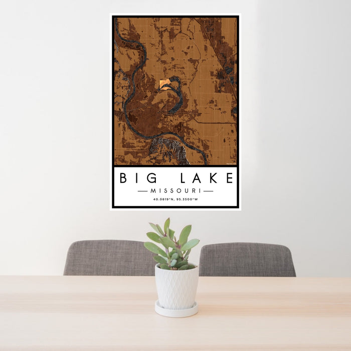 24x36 Big Lake Missouri Map Print Portrait Orientation in Ember Style Behind 2 Chairs Table and Potted Plant