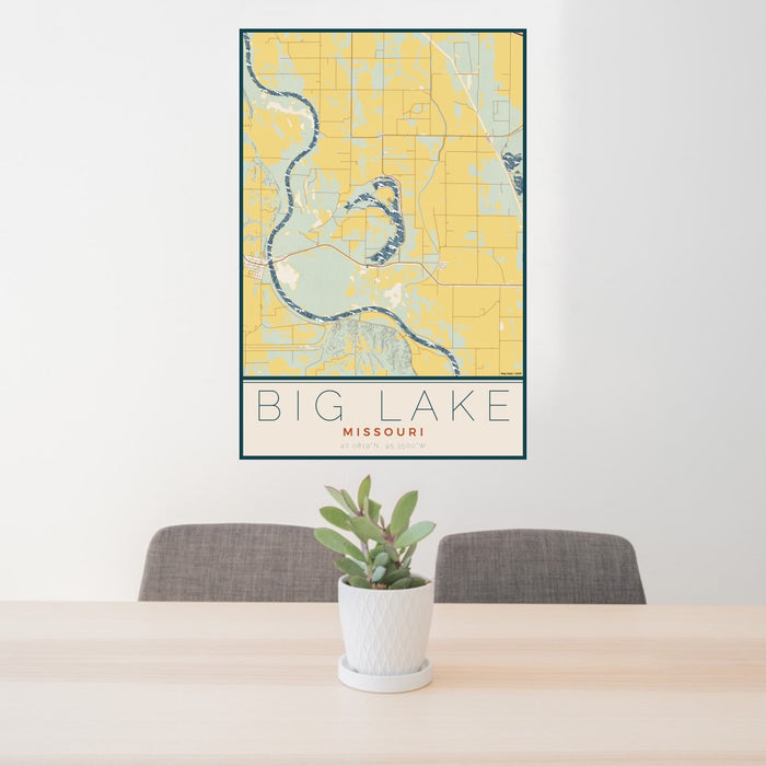 24x36 Big Lake Missouri Map Print Portrait Orientation in Woodblock Style Behind 2 Chairs Table and Potted Plant