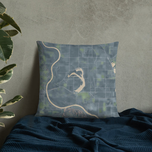 Custom Big Lake Missouri Map Throw Pillow in Afternoon on Bedding Against Wall
