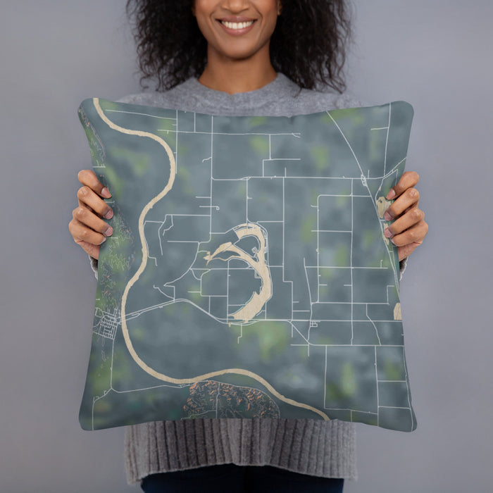 Person holding 18x18 Custom Big Lake Missouri Map Throw Pillow in Afternoon