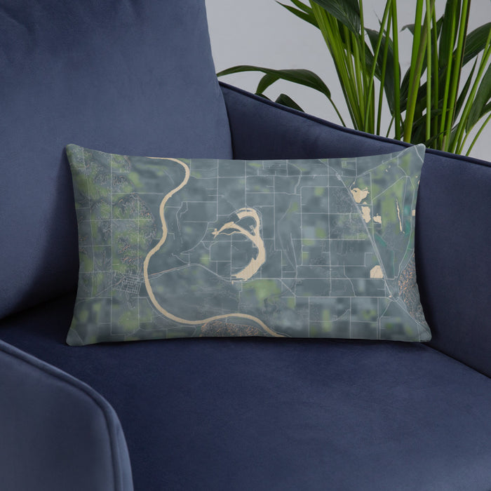 Custom Big Lake Missouri Map Throw Pillow in Afternoon on Blue Colored Chair
