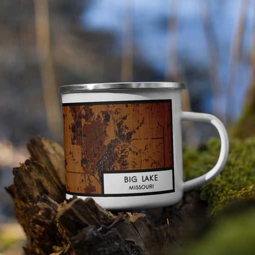 Right View Custom Big Lake Missouri Map Enamel Mug in Ember on Grass With Trees in Background
