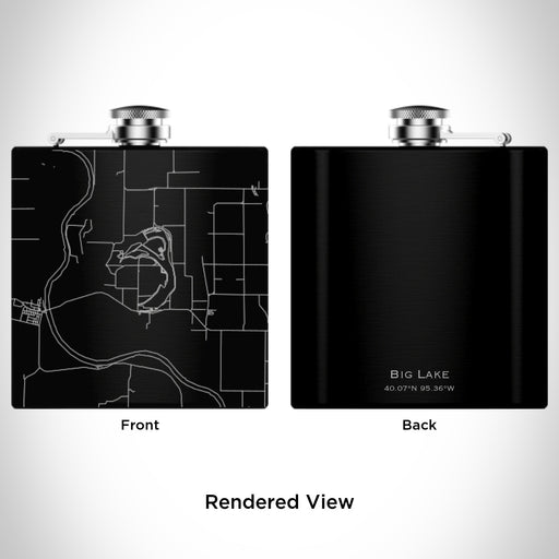 Rendered View of Big Lake Missouri Map Engraving on 6oz Stainless Steel Flask in Black