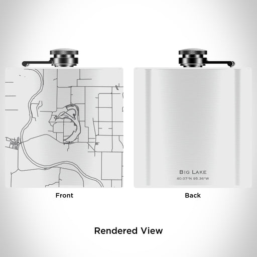 Rendered View of Big Lake Missouri Map Engraving on 6oz Stainless Steel Flask in White