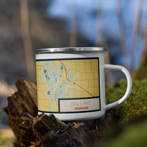 Right View Custom Big Lake Missouri Map Enamel Mug in Woodblock on Grass With Trees in Background