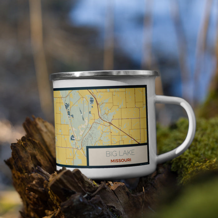 Right View Custom Big Lake Missouri Map Enamel Mug in Woodblock on Grass With Trees in Background
