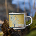 Right View Custom Big Lake Missouri Map Enamel Mug in Woodblock on Grass With Trees in Background