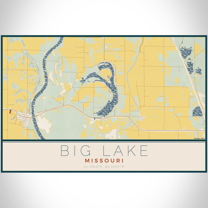 Big Lake Missouri Map Print Landscape Orientation in Woodblock Style With Shaded Background