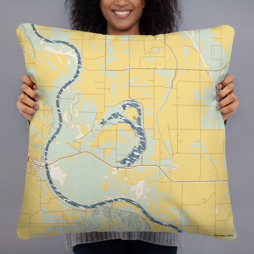 Person holding 22x22 Custom Big Lake Missouri Map Throw Pillow in Woodblock