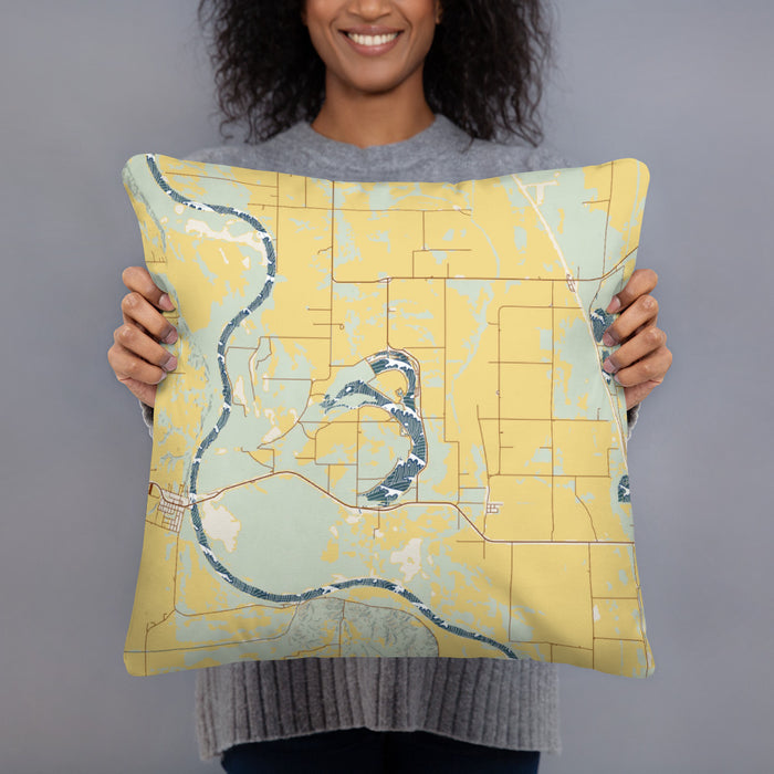 Person holding 18x18 Custom Big Lake Missouri Map Throw Pillow in Woodblock