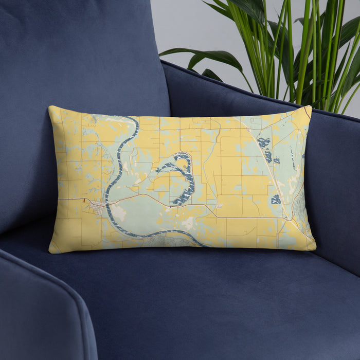 Custom Big Lake Missouri Map Throw Pillow in Woodblock on Blue Colored Chair
