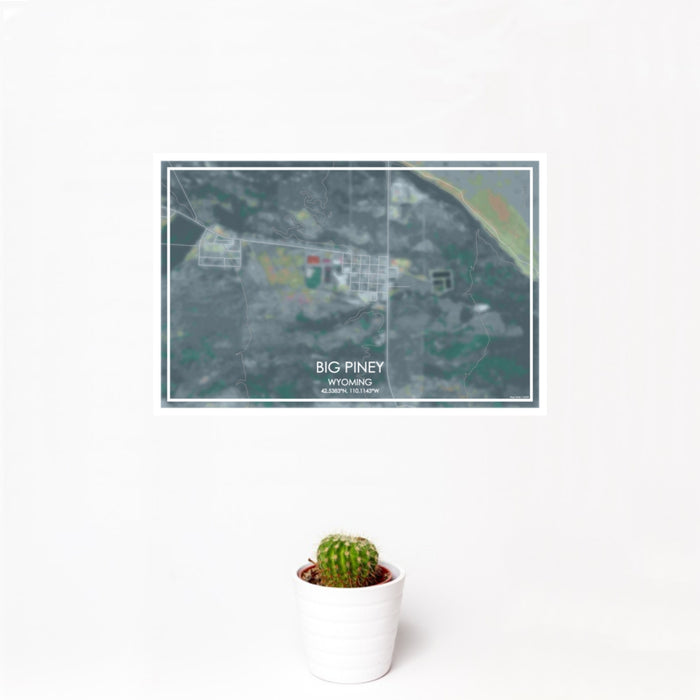 12x18 Big Piney Wyoming Map Print Landscape Orientation in Afternoon Style With Small Cactus Plant in White Planter