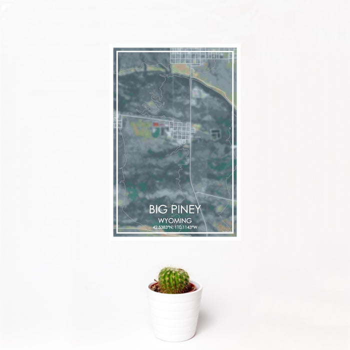 12x18 Big Piney Wyoming Map Print Portrait Orientation in Afternoon Style With Small Cactus Plant in White Planter