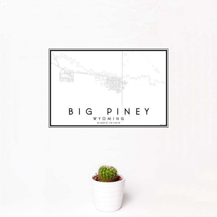 12x18 Big Piney Wyoming Map Print Landscape Orientation in Classic Style With Small Cactus Plant in White Planter