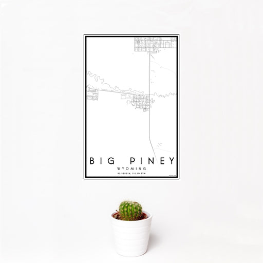 12x18 Big Piney Wyoming Map Print Portrait Orientation in Classic Style With Small Cactus Plant in White Planter